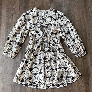 H&M Linen Blend Abstract Floral Mini Dress Long Sleeve Drawstring Waist XS